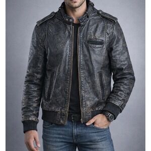 Cooper Collection Bomber Cafe Racer Biker Leather Black Jacket Size Men's 44